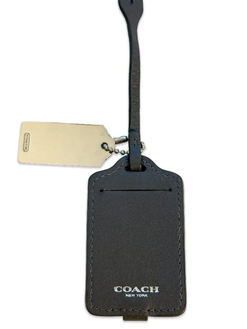 Coach Grey Leather Luggage Bag Tag with Metal Coach Keychain Tag
